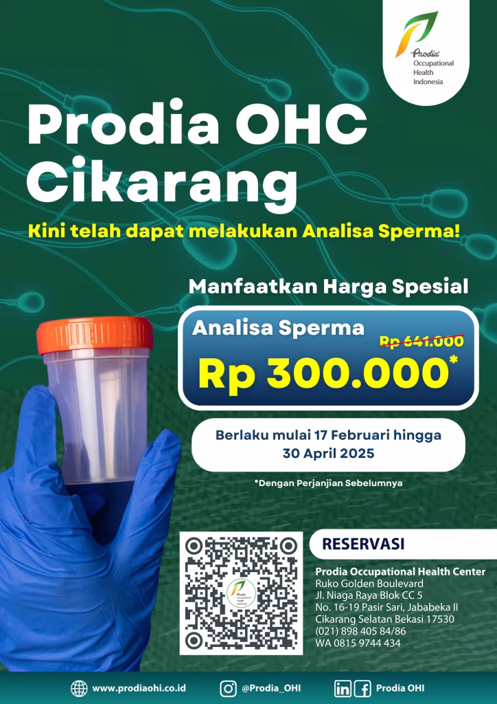 Prodia OHC Cikarang kini telah dapat melakukan Analisa Sperma! Manfaatkan harga spesial Analisa Sperma Rp 300.000* berlaku mulai 12 Desember 2024 hingga 31 Januari 2025 hanya di Prodia OHC Cikarang