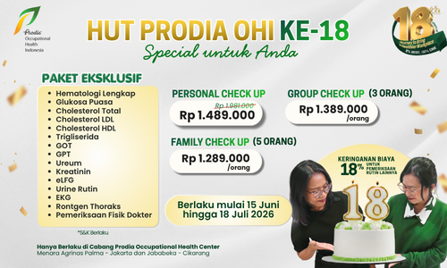 Paket MCU Lengkap dalam rangka HUT Prodia OHI ke-18 mulai dari pemeriksaan lab, fisik dokter, rontgen dan EKG