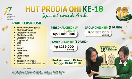 Paket MCU Lengkap dalam rangka HUT Prodia OHI ke-18 mulai dari pemeriksaan lab, fisik dokter, rontgen dan EKG