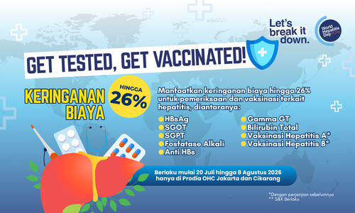 Dapatkan keringanan biaya hingga 26% untuk pemeriksaan dan vaksinasi terkait hepatitis khusus di Prodia OHC Jakarta dan Cikarang