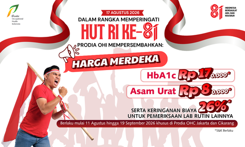 Prodia OHI menghadirkan Harga Merdeka pemeriksaan HbA1c Rp 170.000*, Asam Urat Rp 80.000*, dan keringanan biaya 26%* untuk pemeriksaan laboratorium rutin lainnya hingga 19 September 2026 di Prodia OHC.