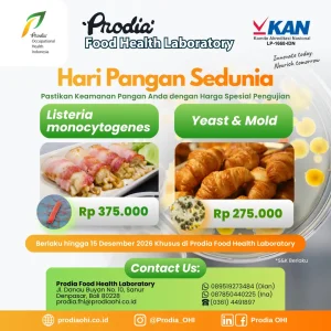 Harga Spesial Hari Pangan Sedunia 2026 dengan uji Listeria monocytogenes Rp 375.000 dan Yeast & Mold Rp 275.000 khusus di Prodia FHL, Bali.