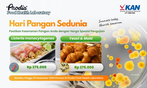 Harga Spesial Hari Pangan Sedunia 2026 dengan uji Listeria monocytogenes Rp 375.000 dan Yeast & Mold Rp 275.000 khusus di Prodia FHL, Bali.