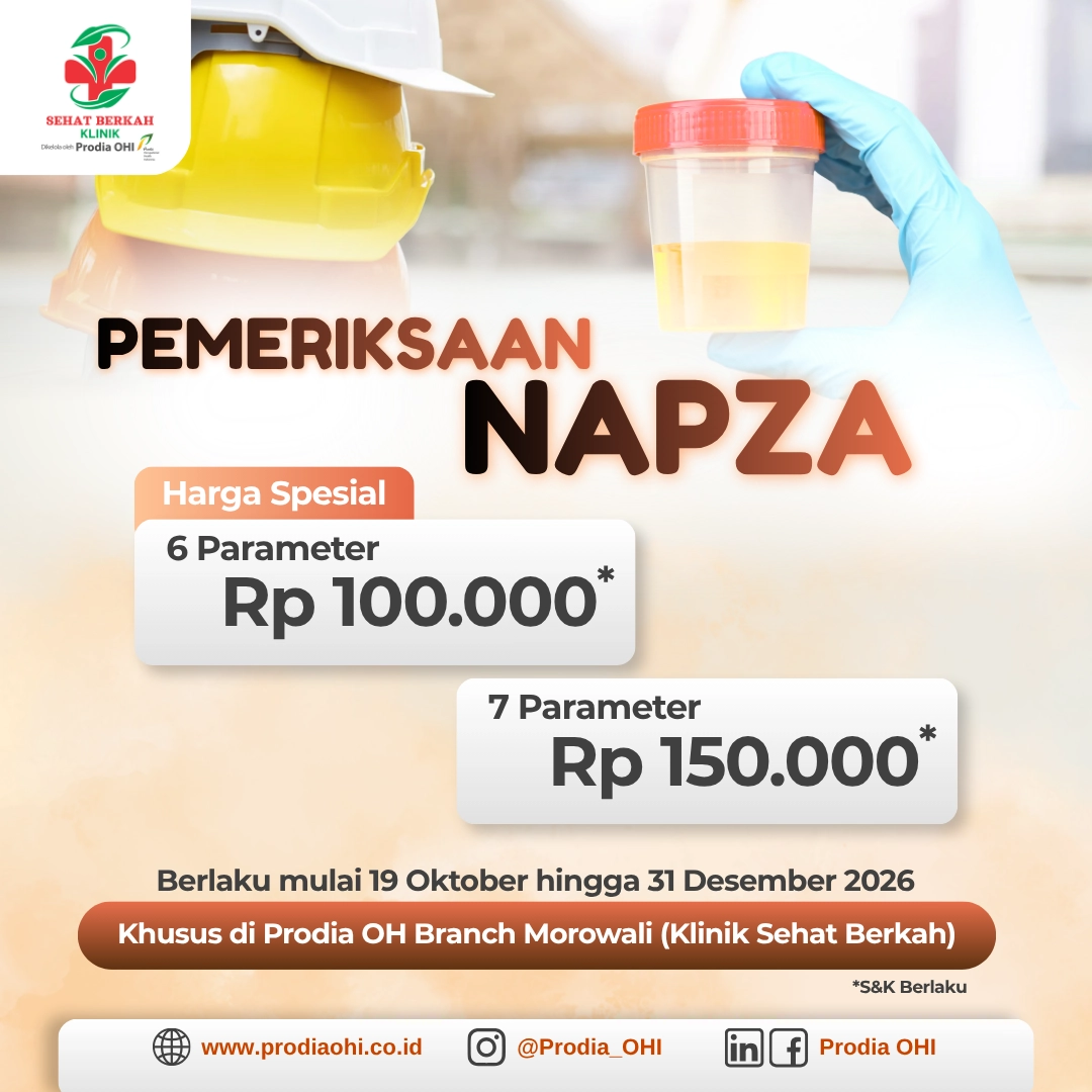 Spesial pemeriksaan NAPZA mulai dari Rp 100.000 berlaku hingga 31 Desember 2026 hanya di Prodia OH Branch Morowali (Klinik Sehat Berkah).