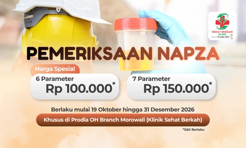 Spesial pemeriksaan NAPZA mulai dari Rp 100.000 berlaku hingga 31 Desember 2026 hanya di Prodia OH Branch Morowali (Klinik Sehat Berkah).